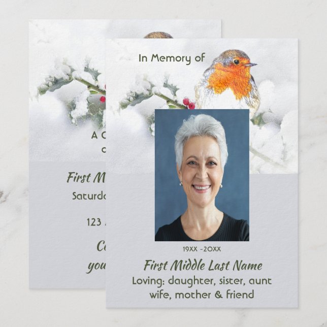 Celebration of Life Service  English Robin Bird Invitation (Front/Back)