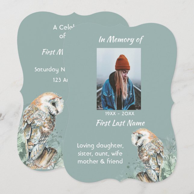 Celebration of Life Service Invite Barn Owl Bird (Front/Back)