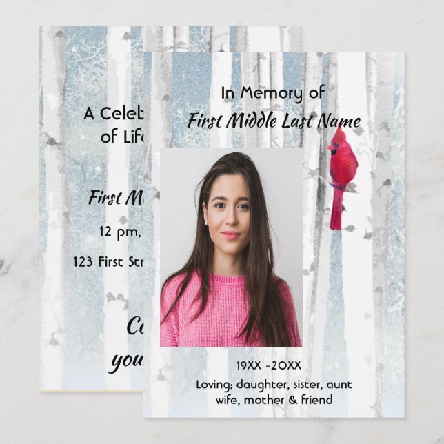 Celebration of Life Service Invite Cardinal Bird (Front/Back)