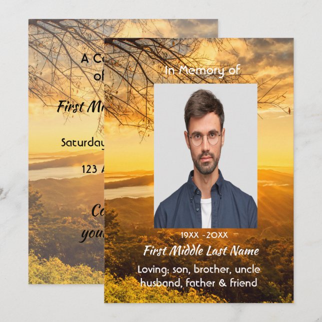 Celebration of Life Service Invite Golden Sunrise  (Front/Back)