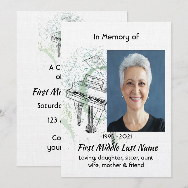 Celebration of Life Service Invite Piano Musician (Front/Back)