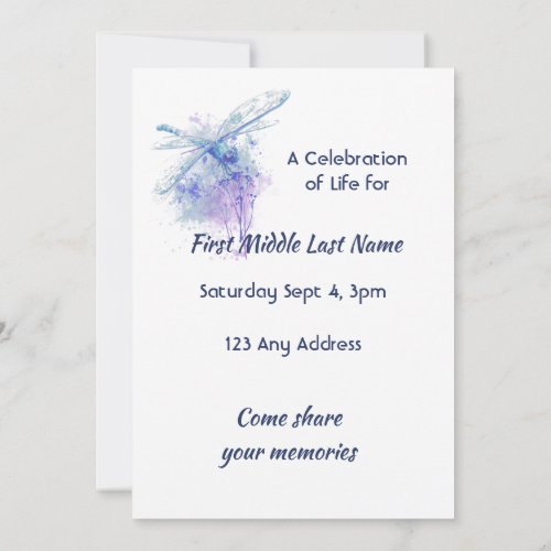 Celebration of Life Service Memorial Dragonfly  Invitation