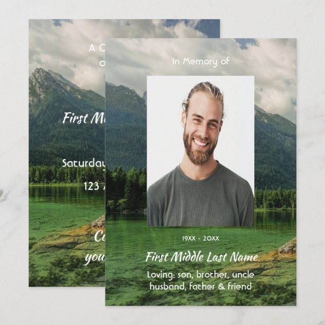Celebration of Life Service Mountain Lake Scenery Invitation (Front/Back)