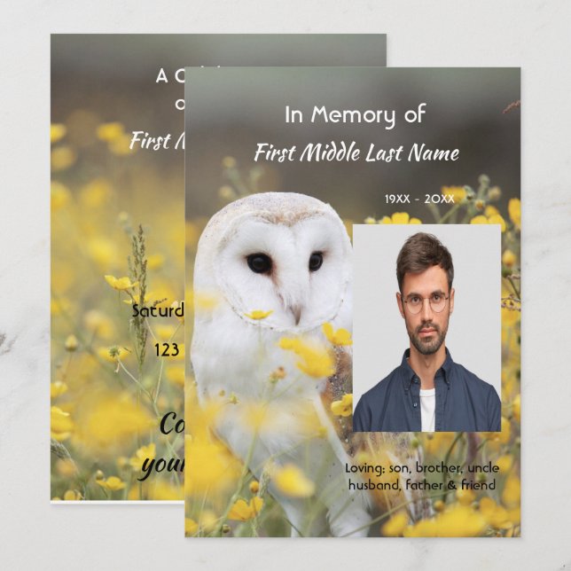 Celebration of Life Service Photo Barn Owl Bird  Invitation (Front/Back)