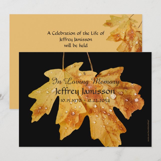 Celebration of Life Service, Raindrops Autumn Leaf Invitation (Front/Back)