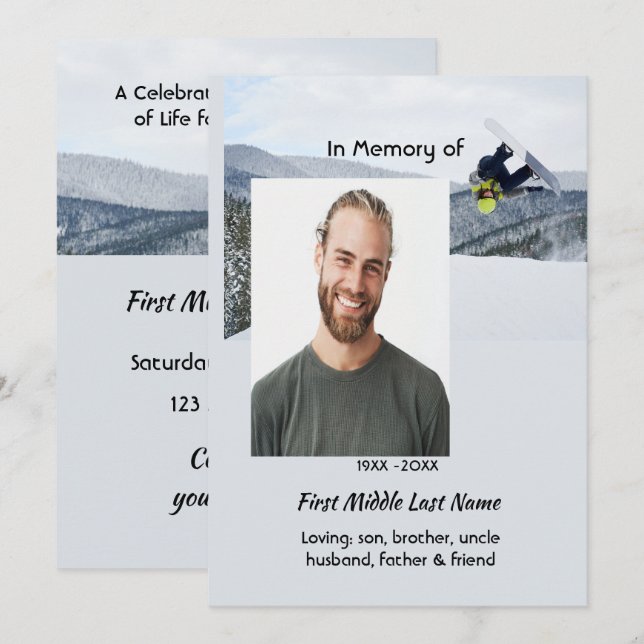 Celebration of Life Service  Snowboarding Winter Invitation (Front/Back)