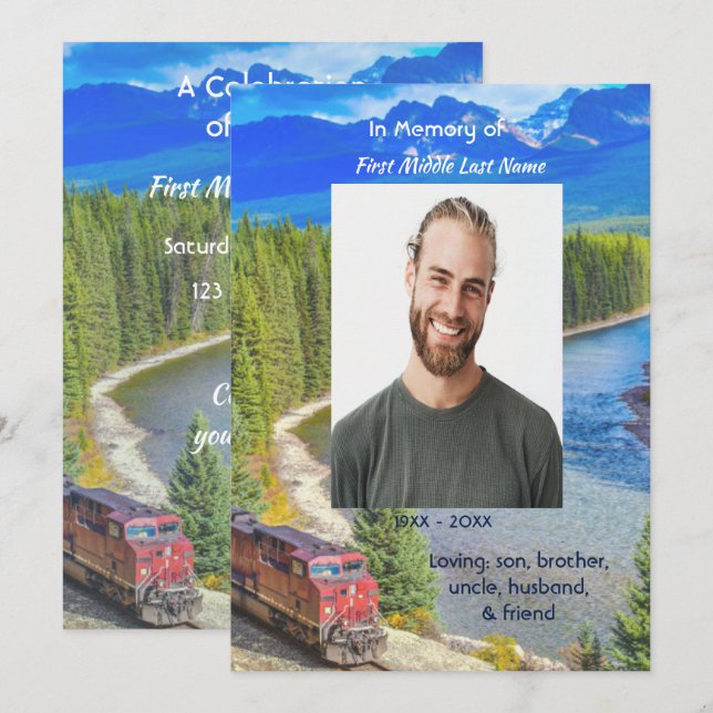 Celebration of Life Service Train Rail Railway Invitation (Front/Back)