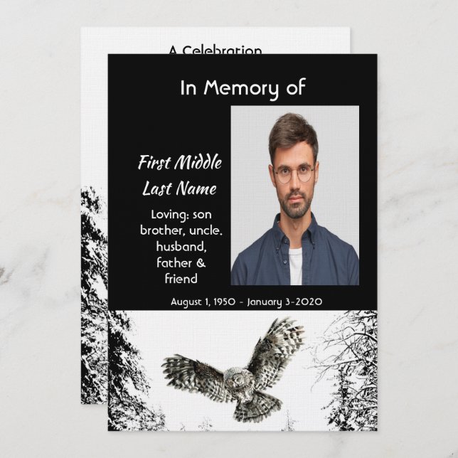 Celebration of Life Service  Watercolor Owl Bird Invitation (Front/Back)