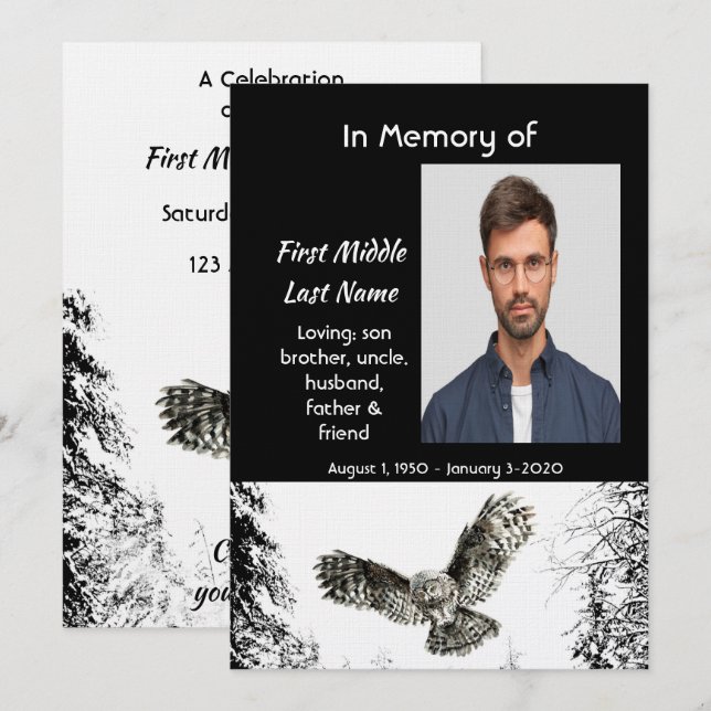 Celebration of Life Service  Watercolor Owl Bird Invitation (Front/Back)