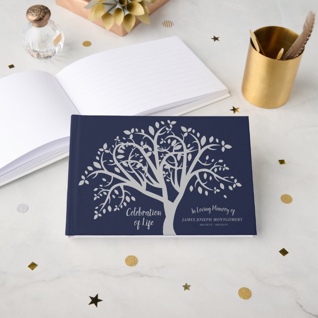 Celebration of Life Silver Tree Personalized Guest Book (Front Open)