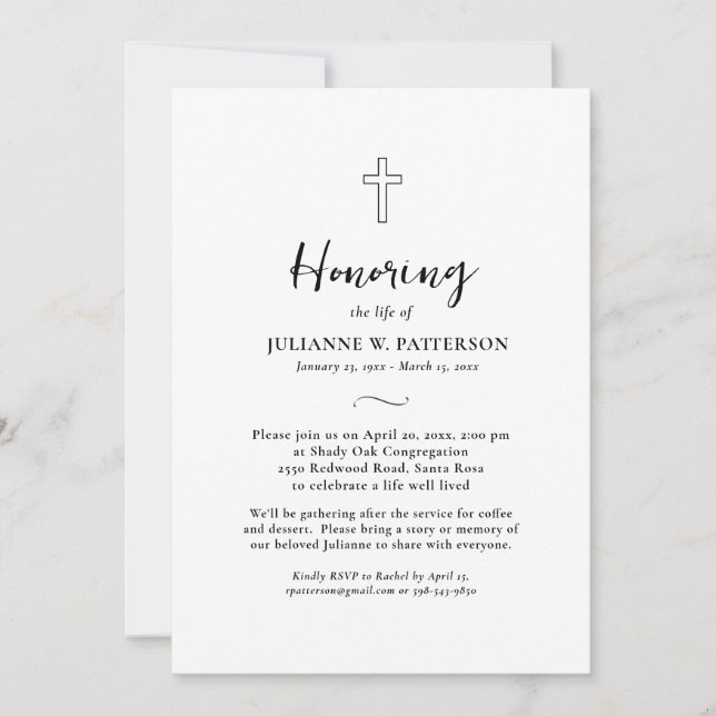 Celebration of Life, Simple Cross, Funeral Wake Invitation (Front)
