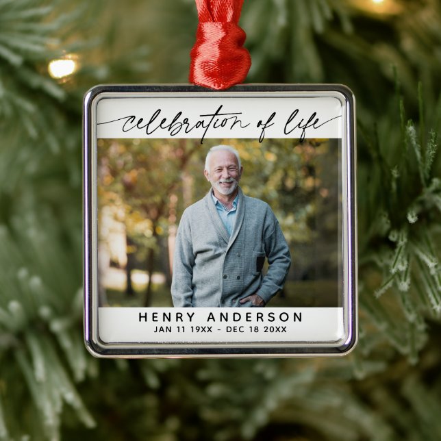Celebration of Life Simple Script Tribute Photo Metal Ornament (Tree)