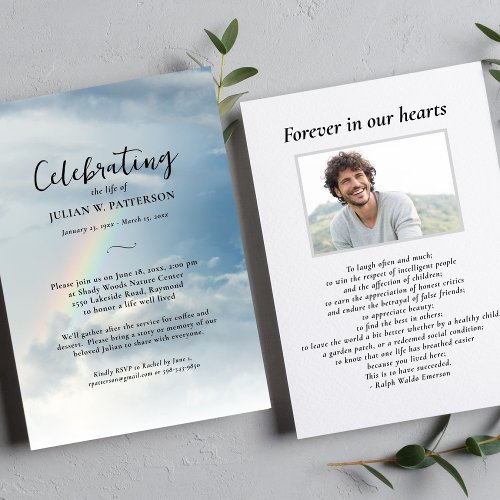 Celebration of Life Sky Clouds Rainbow Funeral Invitation
