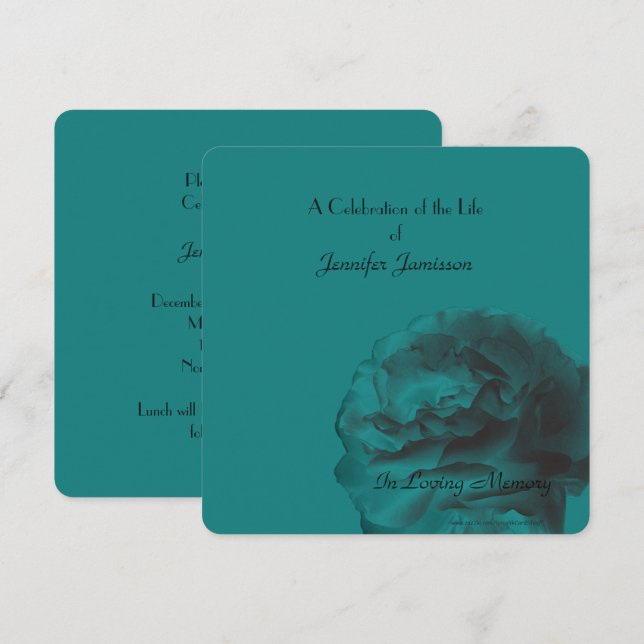 Celebration of Life Square Invite, Name, Teal Rose Invitation (Front/Back)