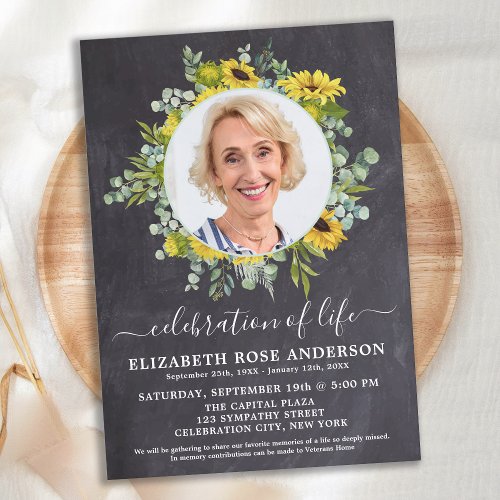 Celebration Of Life Sunflower Eucalyptus Photo Invitation