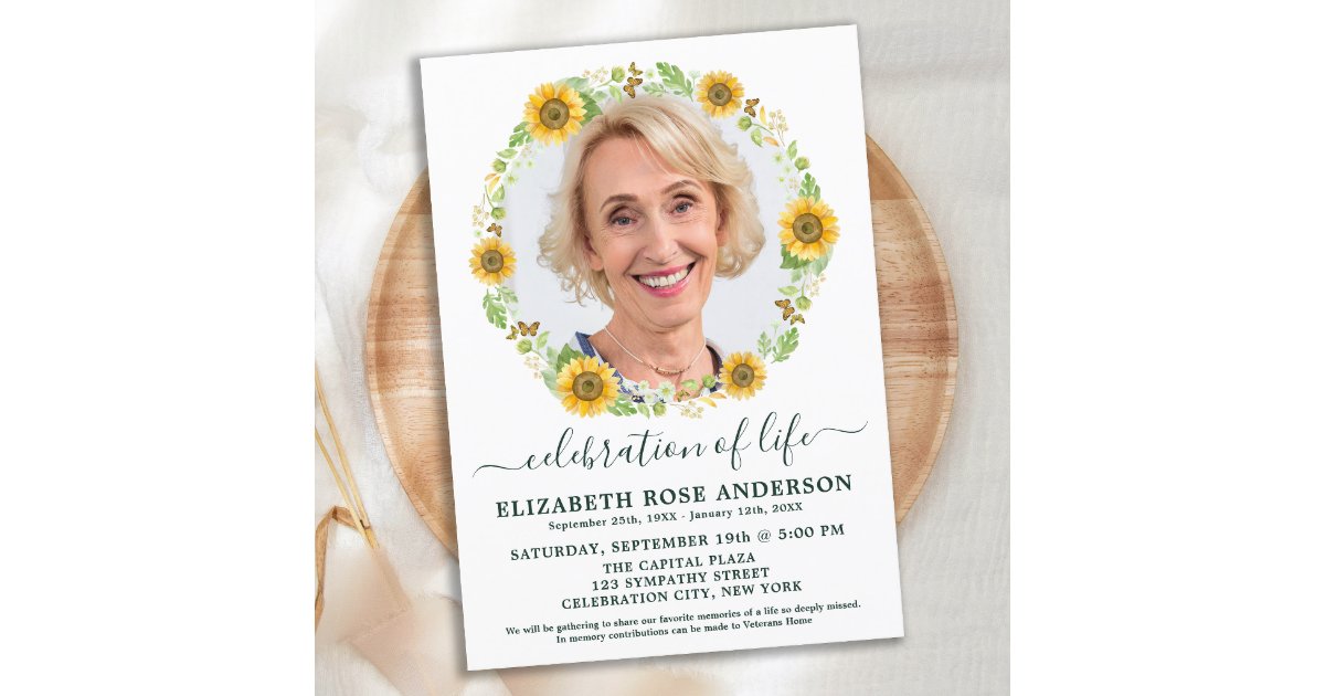 Celebration Of Life Sunflower Floral Photo Invitation | Zazzle