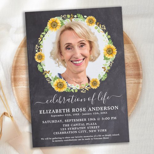 Celebration Of Life Sunflower Floral Slate Photo Invitation