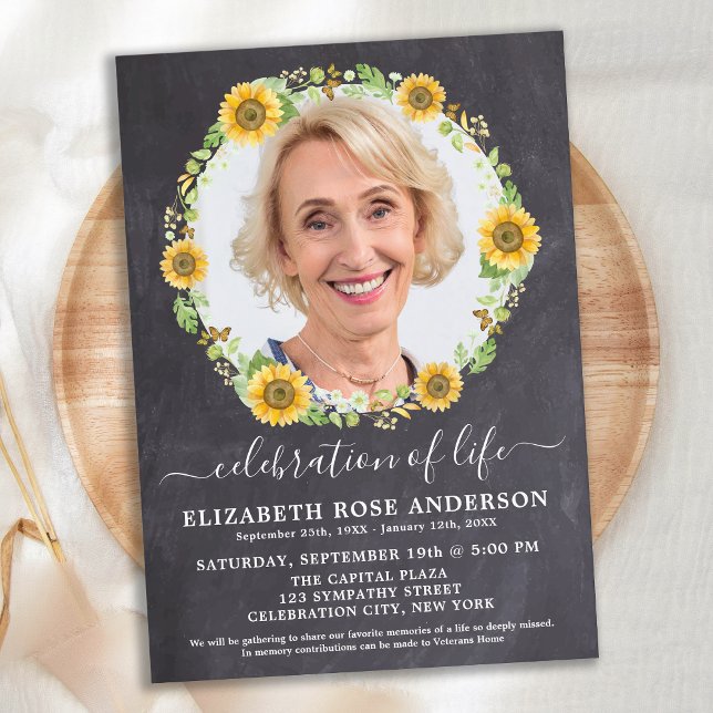 Celebration Of Life Sunflower Floral Slate Photo Invitation (Creator Uploaded)