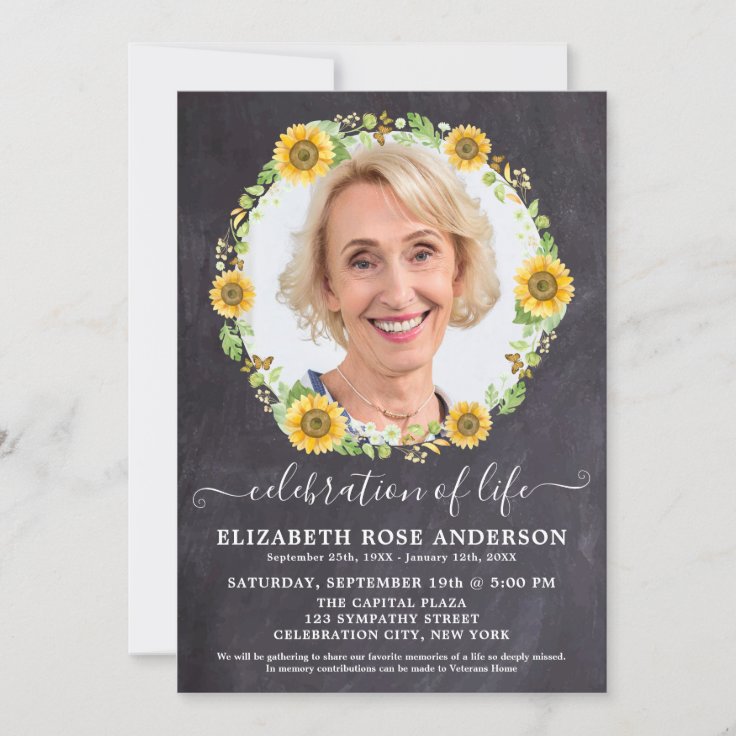 Celebration Of Life Sunflower Floral Slate Photo Invitation | Zazzle