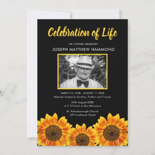 Celebration of Life  Sunflower Memorial Photo Invitation