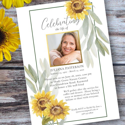 Celebration of Life Sunflowers Funeral Photos Invitation