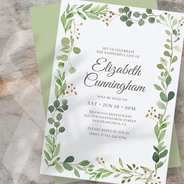 Celebration of Life Watercolor Foliage Greenery Invitation | Zazzle