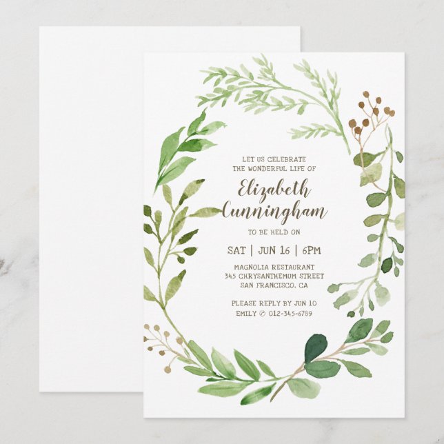 Celebration of Life Watercolor Green Foliage Invitation (Front/Back)
