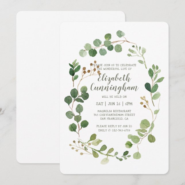 Celebration of Life Watercolor Greenery Foliage Invitation (Front/Back)