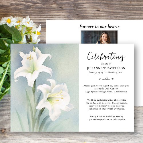 Celebration of Life Watercolor Lily Flower Funeral Invitation