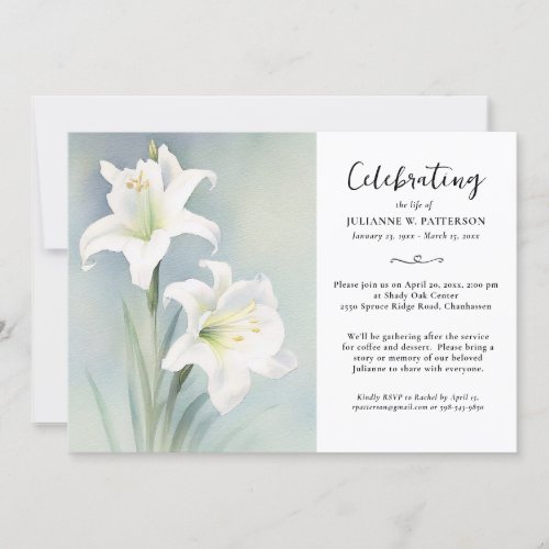 Celebration of Life Watercolor Lily Flower Funeral Invitation