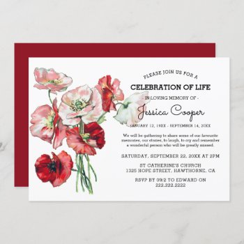 Celebration of Life | Watercolor Red Poppy Funeral Invitation