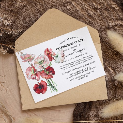 Celebration of Life  Watercolor Red Poppy Funeral Invitation
