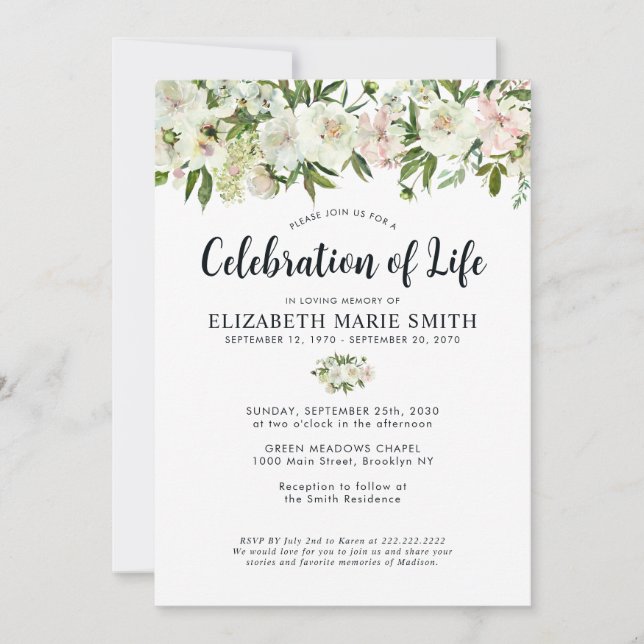 Celebration of Life White Floral Funeral Memorial Invitation (Front)