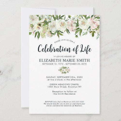 Celebration of Life White Floral Funeral Memorial Invitation