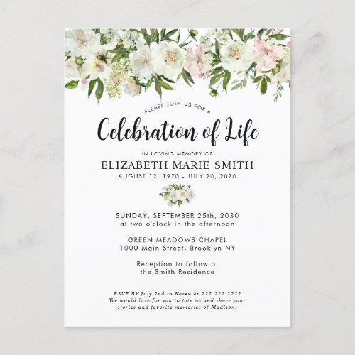 Celebration of Life White Floral Funeral Memorial Postcard