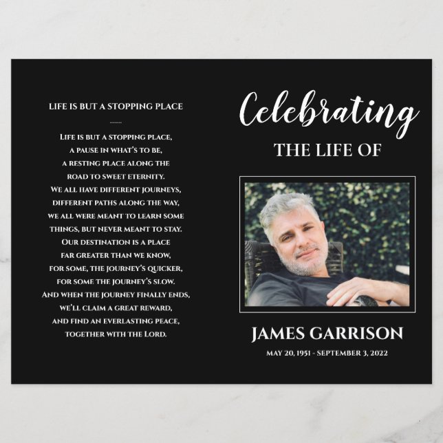 Celebration of Life White On Black Funeral Program (Front)