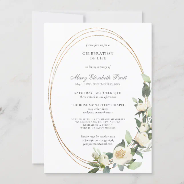 Celebration Of Life White Rose Greenery Invitation 