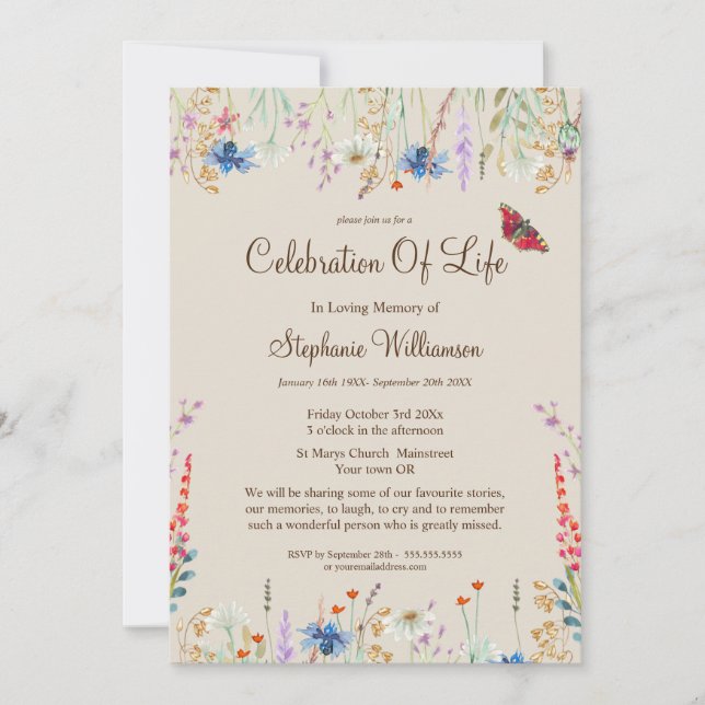 Celebration of Life Wildflower & Butterfly Invitation (Front)