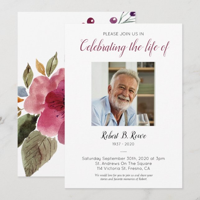 Celebration of Life with Photo Burgundy Flowers Invitation (Front/Back)