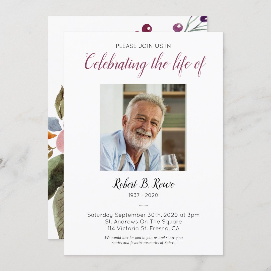 Celebration of Life with Photo Burgundy Flowers Invitation | Zazzle