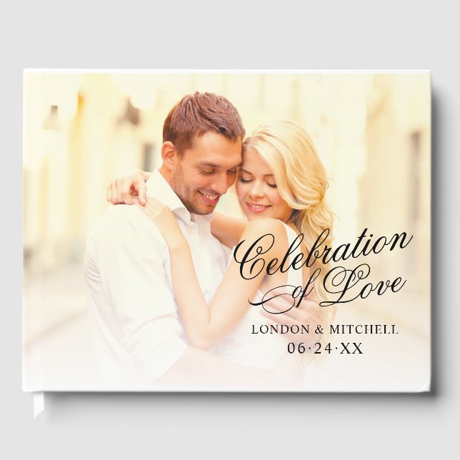 Celebration of Love Black Script Wedding Photo Guest Book (Front)