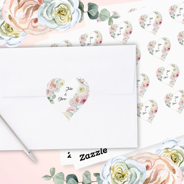Celebration of love pale offwhite pink roses Names Heart Sticker (Creator Uploaded)