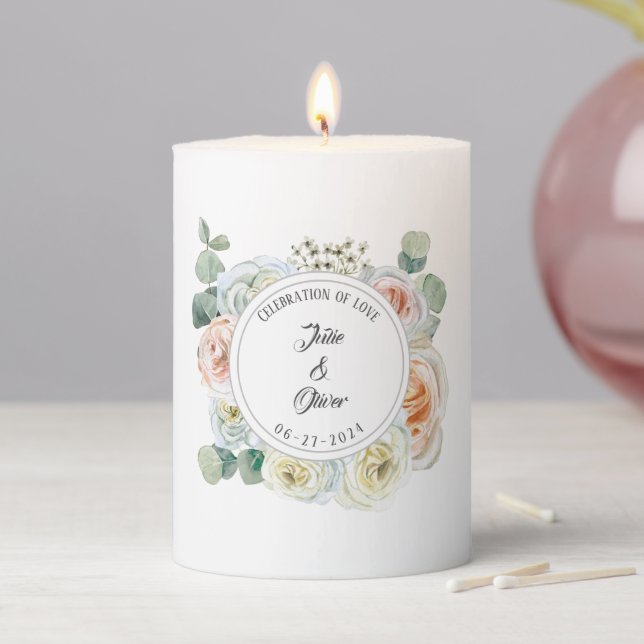 Celebration of love text, name, date printed label pillar candle (In Situ)