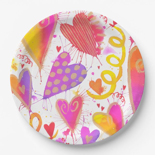 Celebration Of Love Watercolor Hearts Paper Plates (Front)
