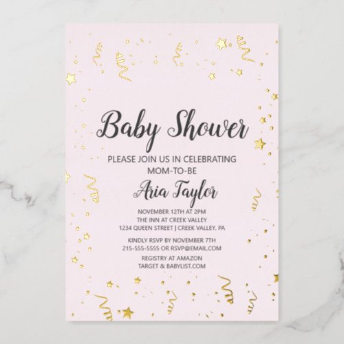 Celebration on Pink Calligraphy Baby Shower Gold Foil Invitation