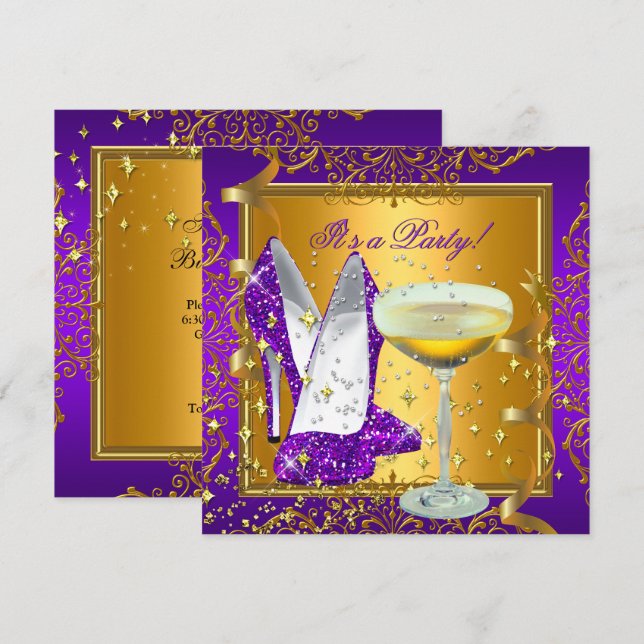Celebration Purple Champagne Royal Gold Party Invitation (Front/Back)