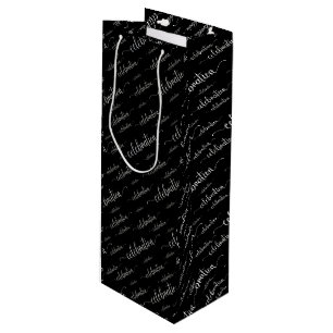 Celebration Script Silver Pattern on black Wine Gift Bag