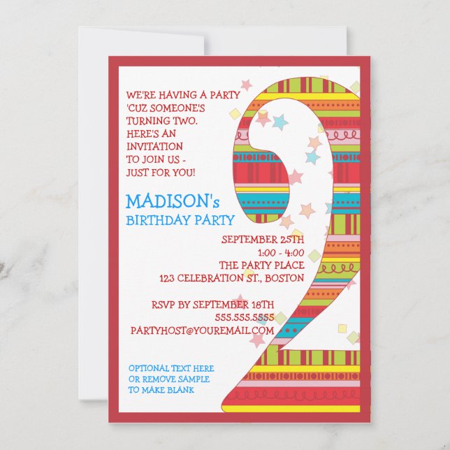 Celebration Stripes Number 2 Second Birthday Party Invitation (Front)