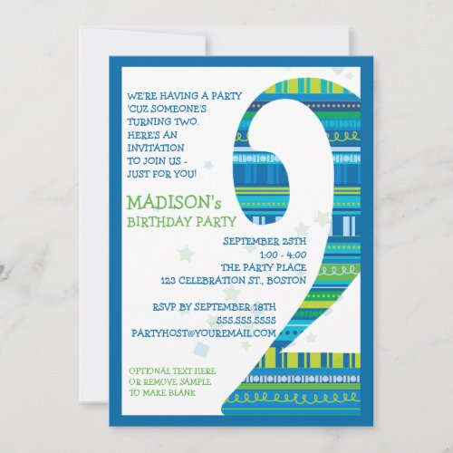 Celebration Stripes Number 2 Second Birthday Party Invites