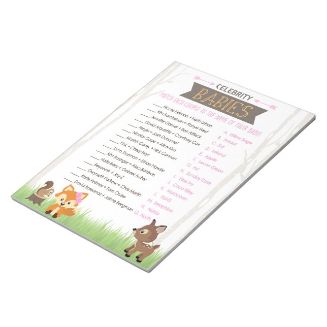 Celebrity Babies Pink Woodland Baby Shower Game Notepad (Angled)